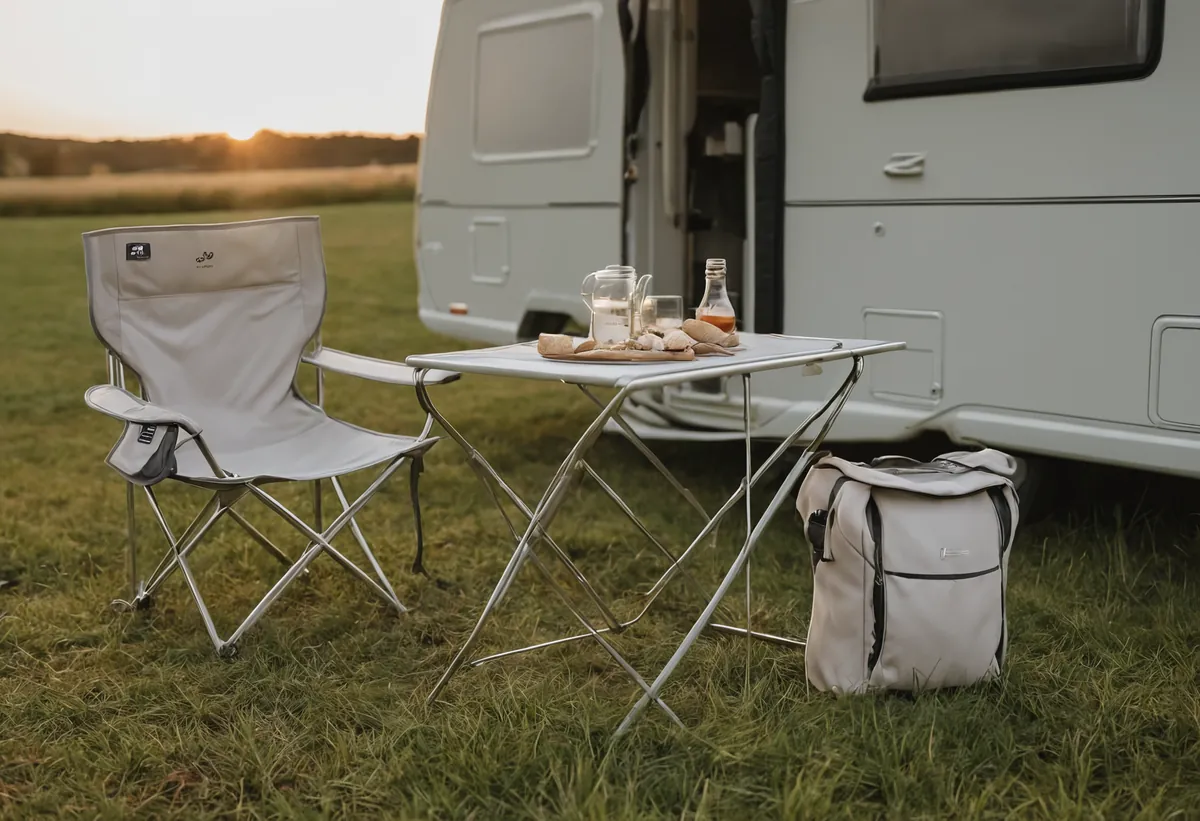 Camping-Sitzgruppe vor Wohnwagen