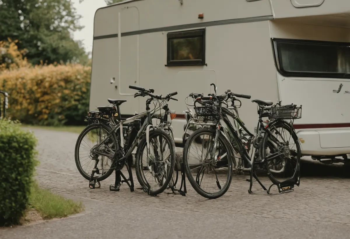 Fahrradträger mit zwei Rädern montiert an der Deichsel eines Wohnwagens