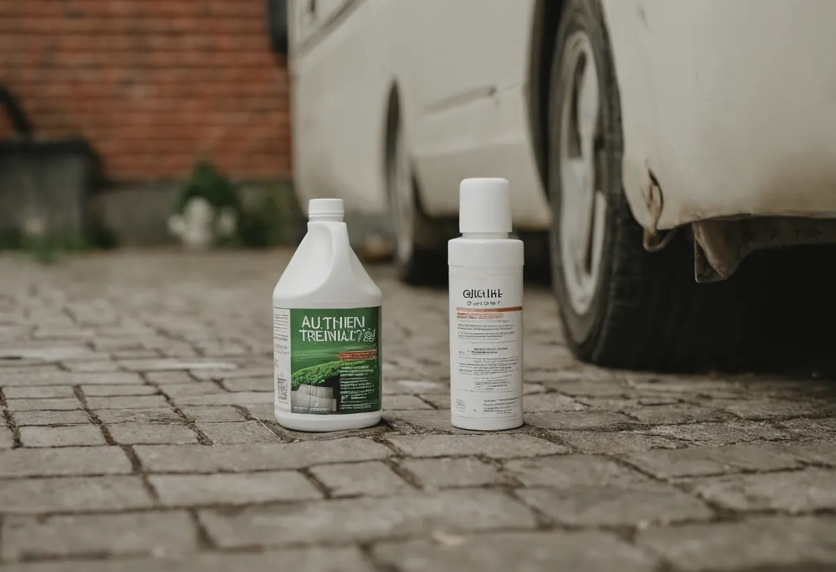 Grauwassertank-Reiniger und Pflegemittel neben dem Abwasserablauf eines Wohnwagens