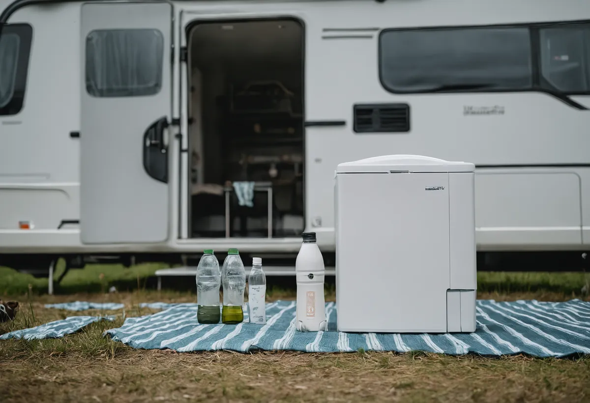 Kompressor-Kühlbox mit Getränken vor Wohnwagen