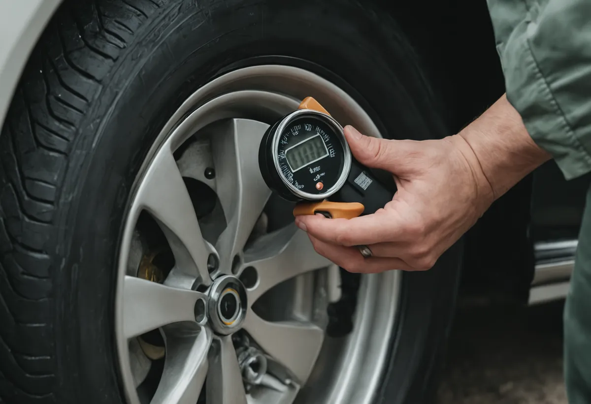 Reifendruckprüfung am Wohnwagen-Reifen