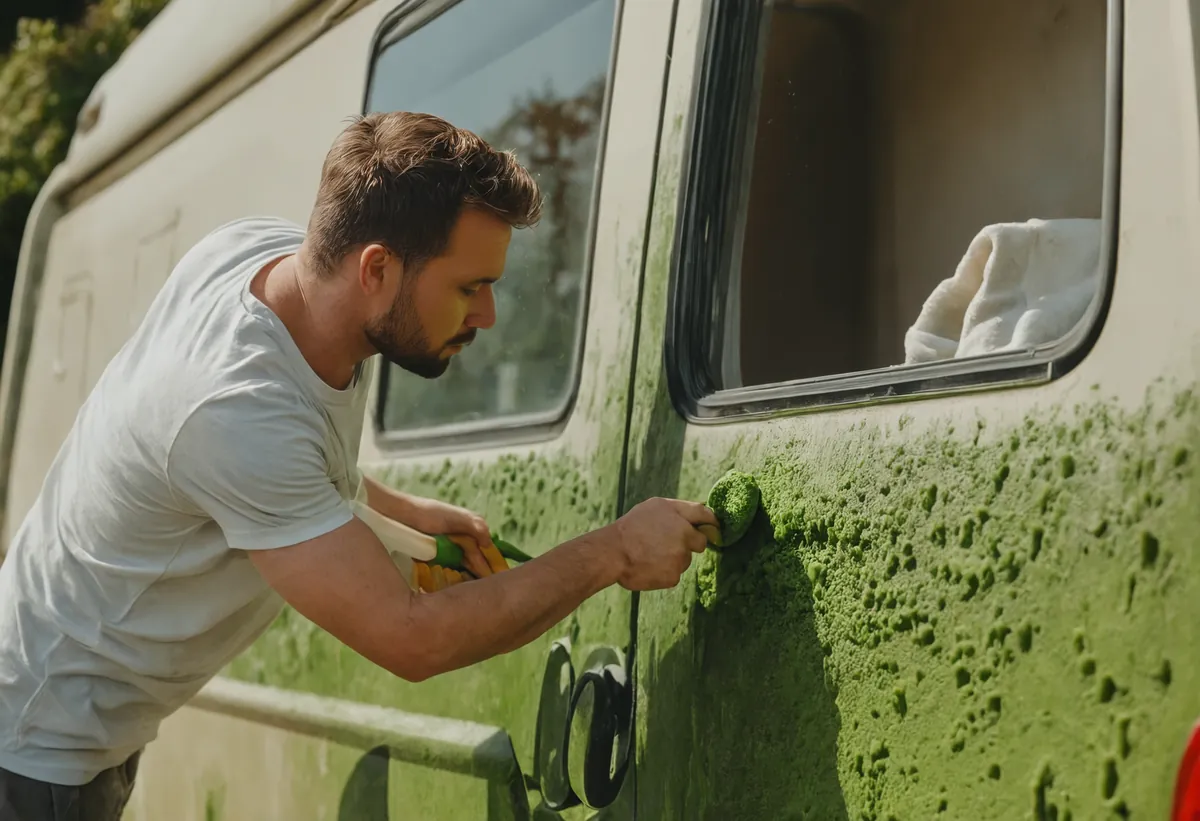 Wohnwagen-Außenreinigung mit Bürste