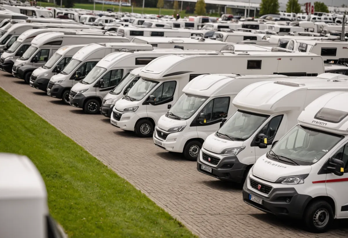 Verschiedene Wohnwagen-Marken nebeneinander auf einer Caravaning-Messe