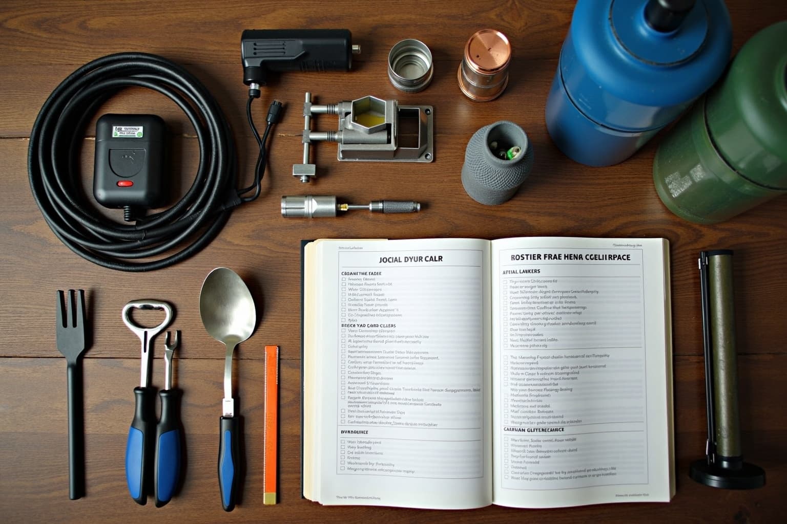 Gepackte Kisten und Taschen vor einem Wohnwagen vor der Abreise