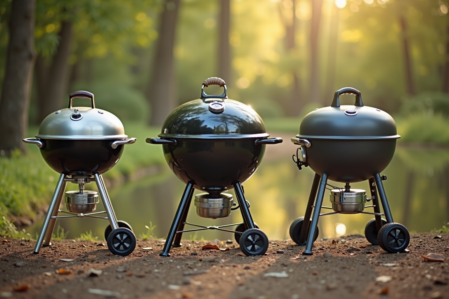 Verschiedene Camping-Grills aufgebaut vor einem Wohnwagen