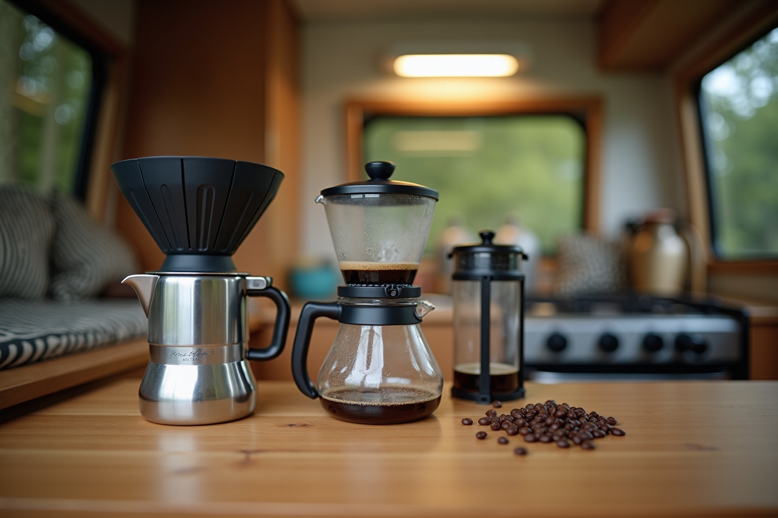 Verschiedene Kaffeezubereitungsarten aufgereiht auf einem Campingtisch