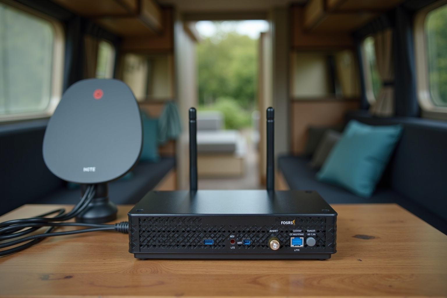 Camping-Router mit externer MIMO-Antenne auf dem Dach eines Wohnwagens