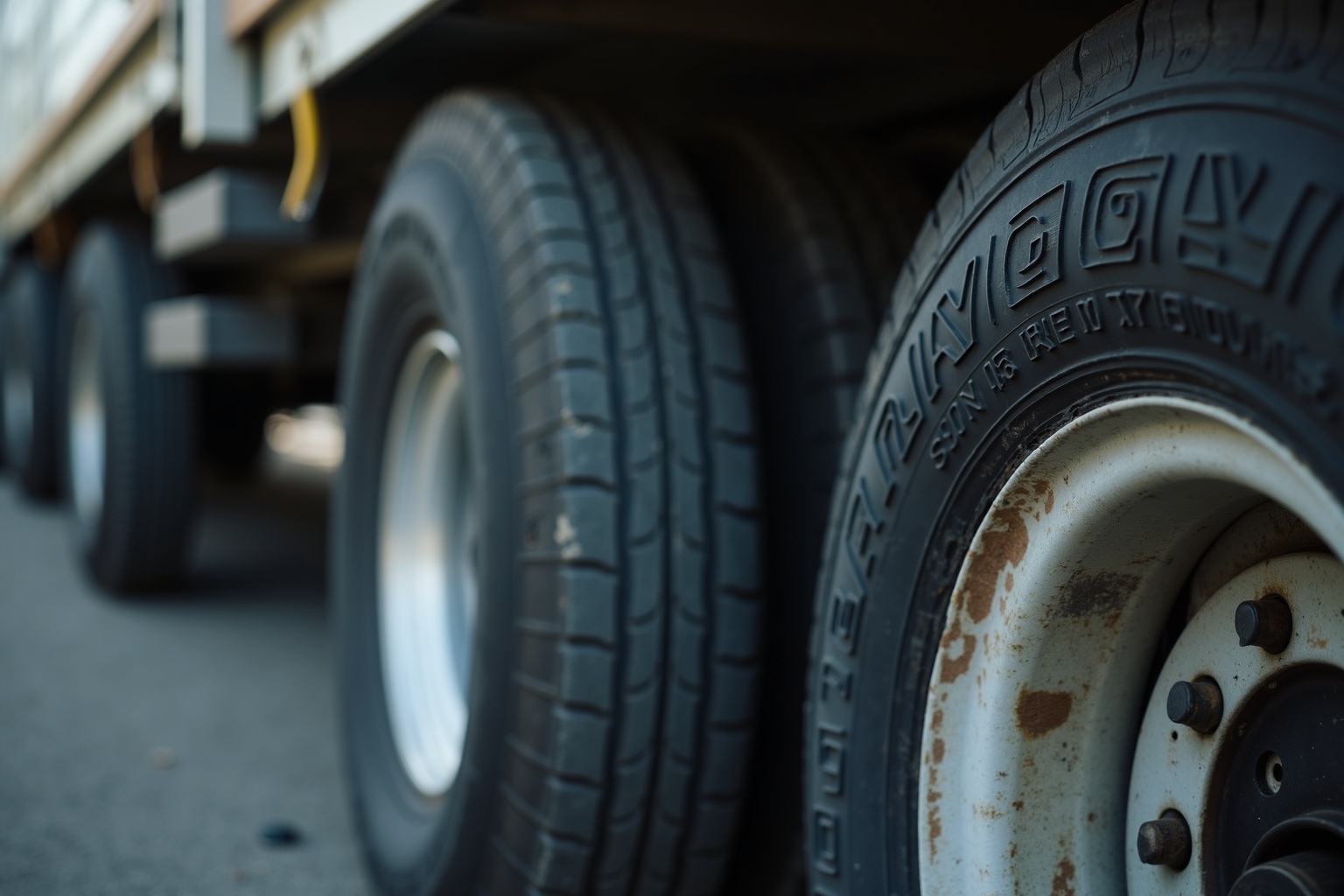 DOT-Nummer auf einem Wohnwagen-Reifen mit Lupe zur Veranschaulichung