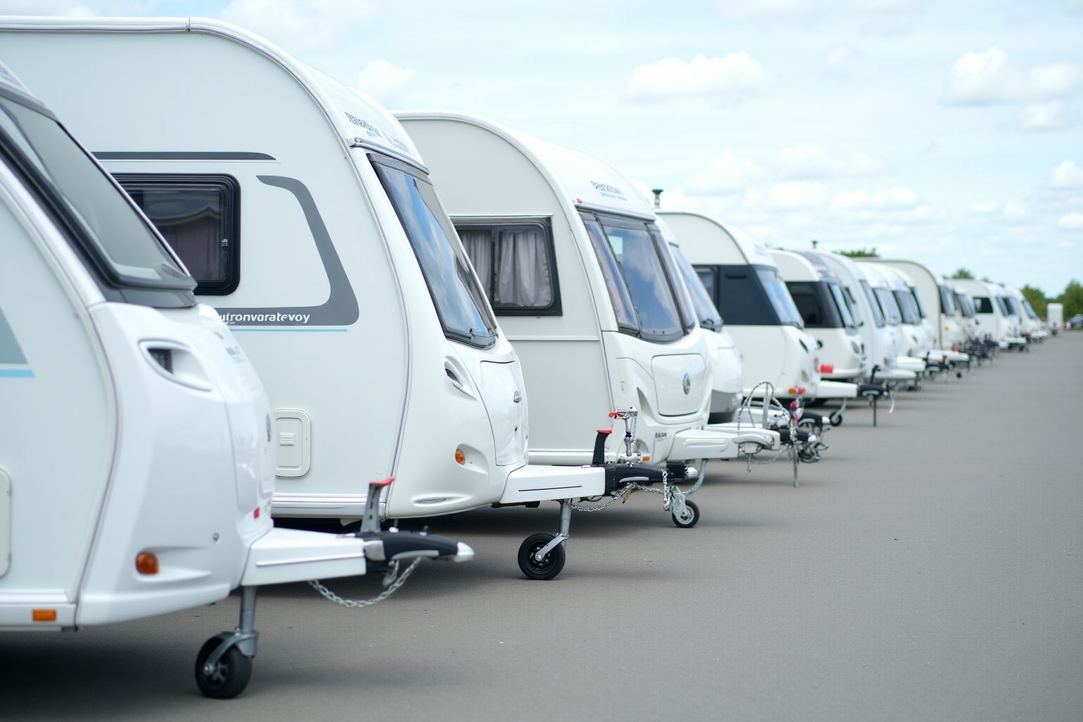 Verschiedene Wohnwagen-Marken nebeneinander auf einer Caravaning-Messe