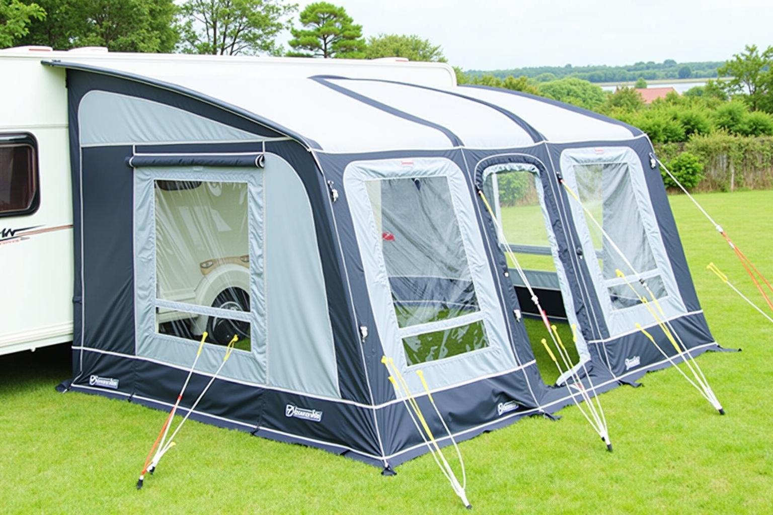 Ausgefahrene Markise an einem Wohnwagen auf einem sonnigen Campingplatz